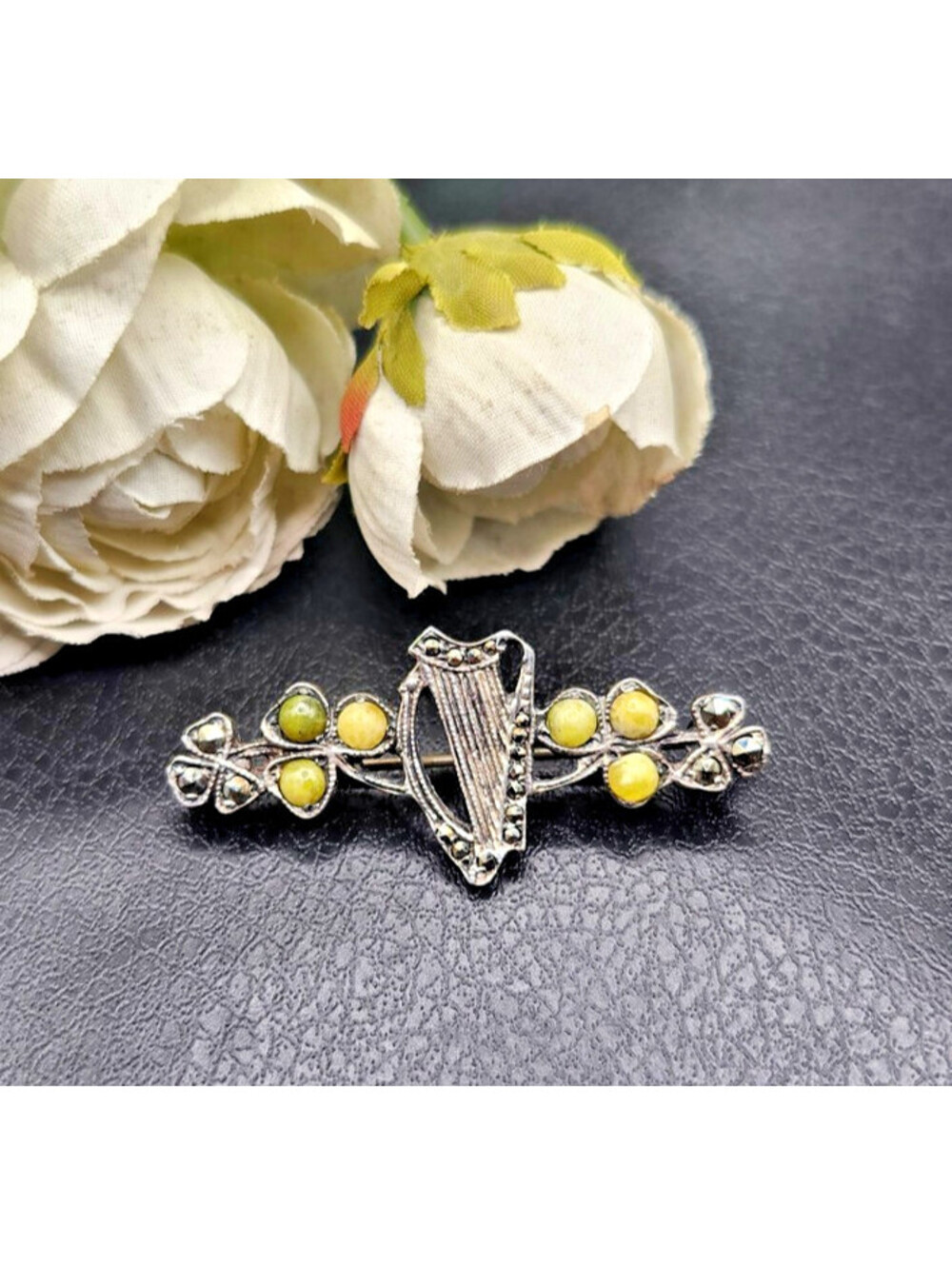 Vintage JC Walsh Ireland 925 Sterling Silver Connemara Marble Harp Brooch Pin